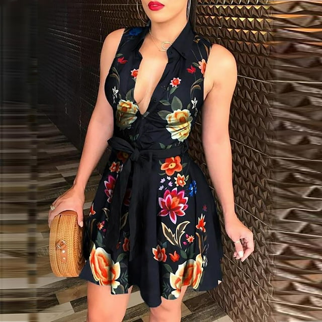 SMihono Robe Bohème d'Été pour Femmes Grande Taille Mode Femmes Col à Revers Décontractée Aguichant Imprimée Sans Manches Ample Robe Chemise
