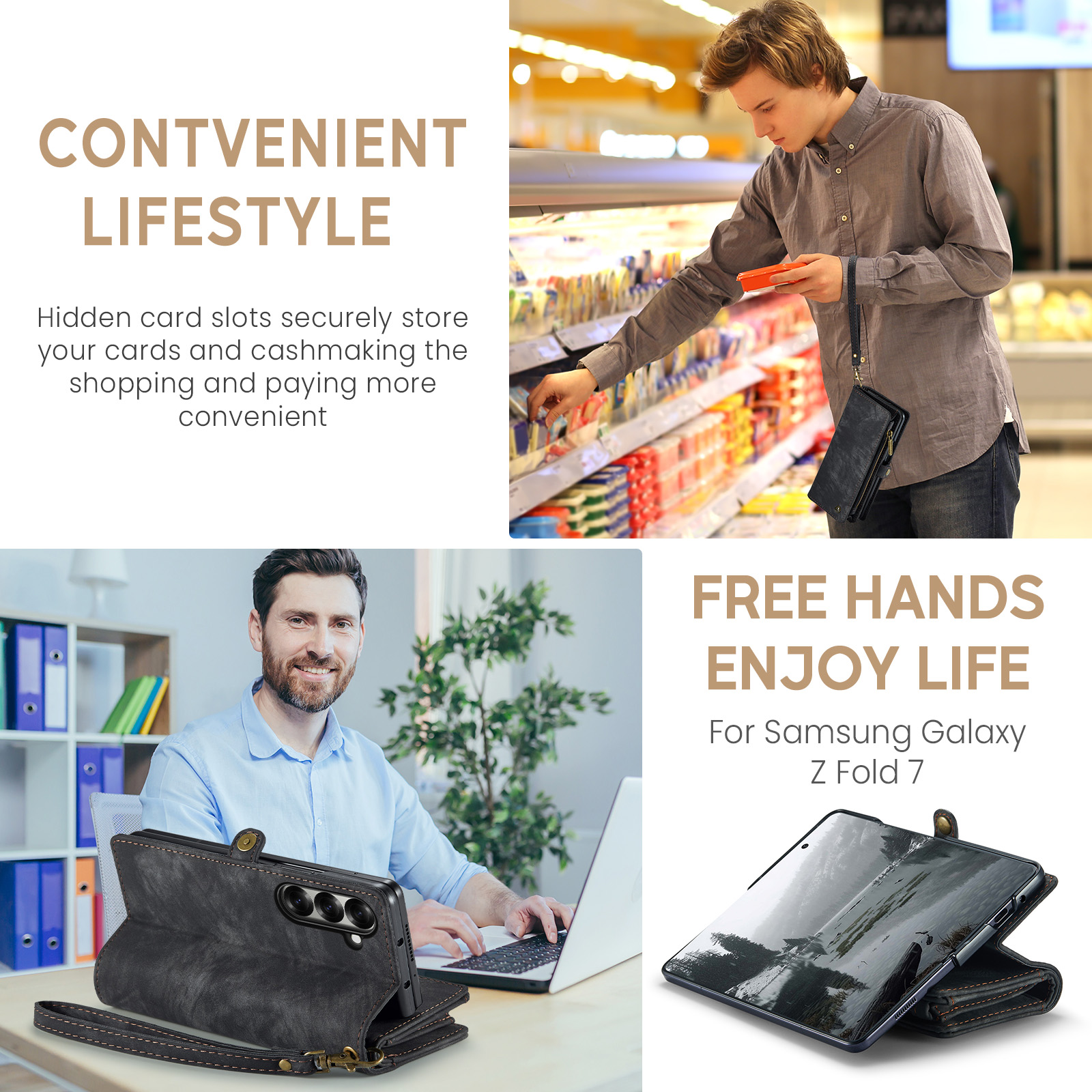 Feishell Durable 2- In-1 Magnetic Detachable Wallet Case for Samsung Galaxy Z Fold 7,for Women Men,Premium PU Leather Zipper Pocket Flip Multi Card Slots Purse Phone Case with Wrist Strap,Black