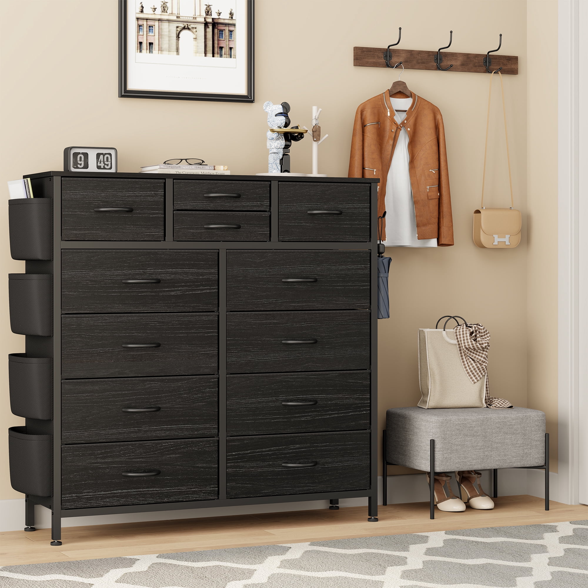 LainTene 12 Drawers Dresser for Bedroom, Fabric Closet Chests Organizer Tower Furniture with Wooden Top Metal Frame for Clothes, Room, Living Room, Hallway，Black