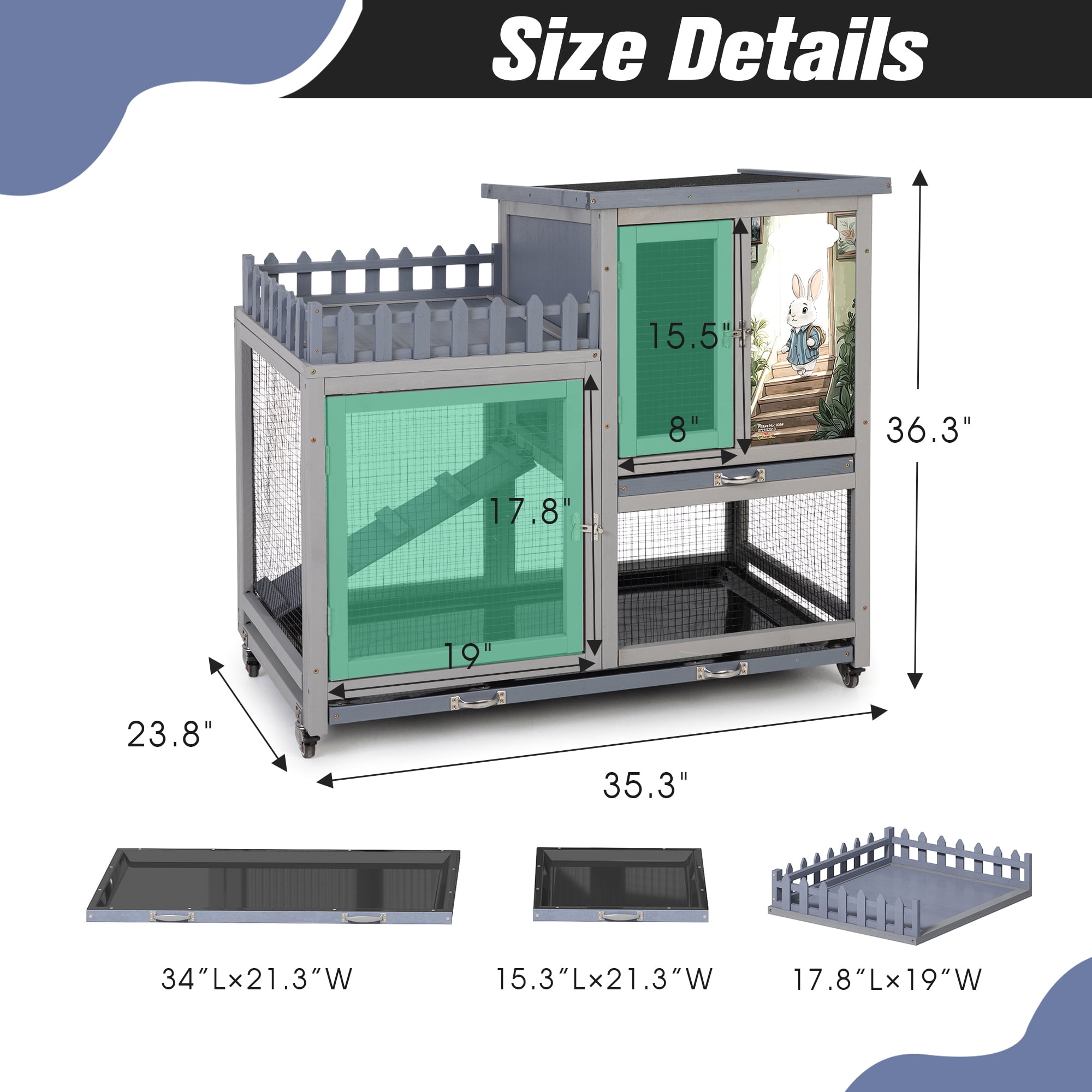 Grey Rabbit Hutch 2-Tier Wooden Bunny Cage with Wheels - Indoor/Outdoor Small Animal House for Rabbits, Guinea Pigs, Chinchillas - Waterproof Roof, Lockable Doors, Removable Tray & Ramp