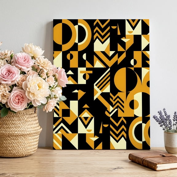 Abstract Geometric Canvas Wall Art, Yellow Bold Shapes Graphic Modern Black Cream Framed Canvas Wall Decor Picture Print Artwork Decorations for Living Room Office Ready to Hang 12" x 8"