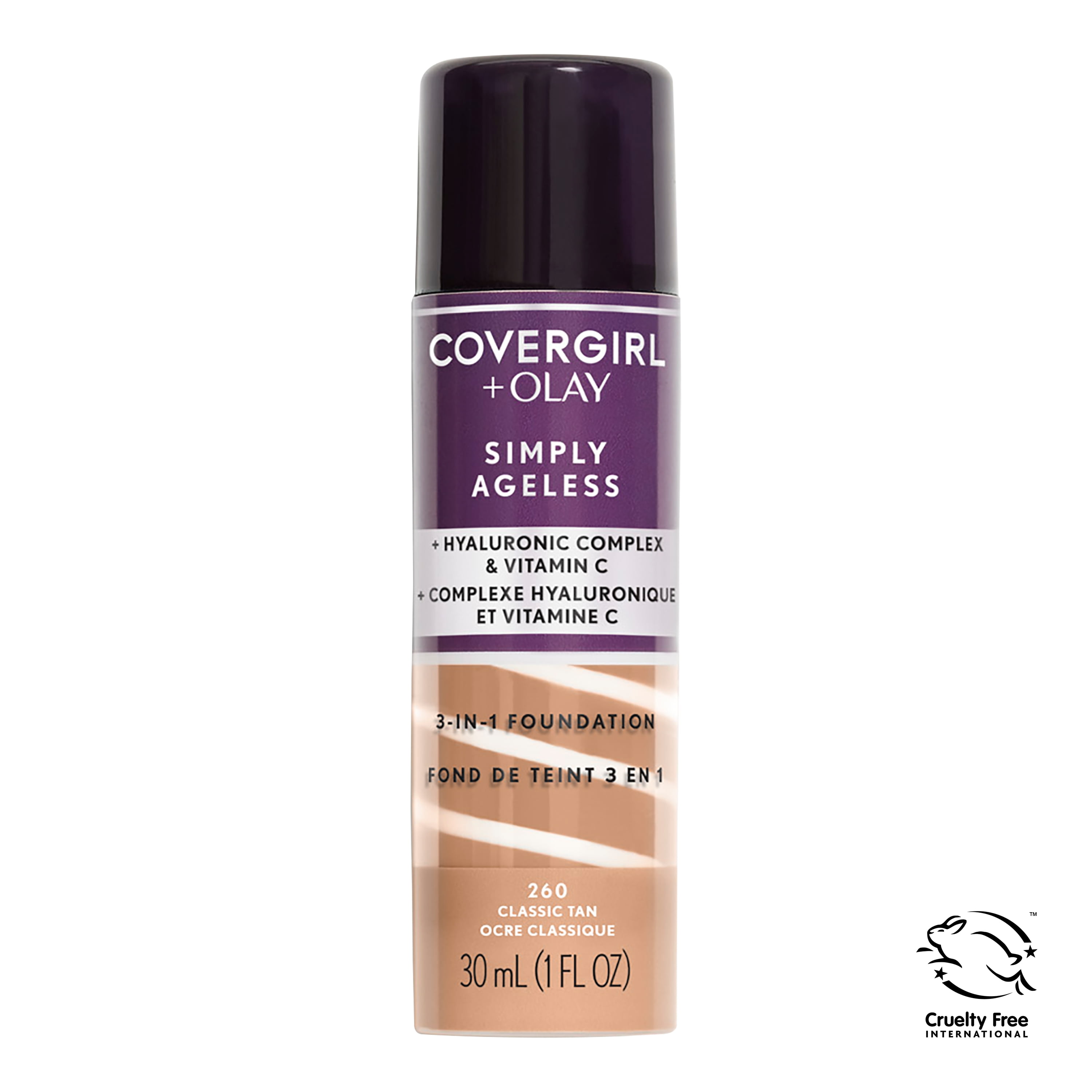 COVERGIRL + OLAY Simply Ageless 3-in-1 Liquid Foundation, 260 Classic Tan, 1 fl oz, Hydrating Foundation, Anti-Aging Foundation, Cruelty Free Foundation, Reduces Wrinkles, Improves Skin Tone