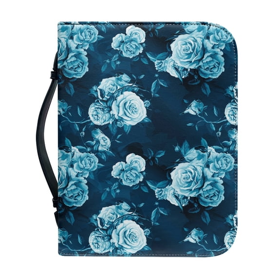 Xoenoiee Blue Rose Floral Print Bible Case Bible Cover Faux Leather Carrying Book Holder Church Bags with Zipper Study Essentials Organizer Tote Gifts for Women Men, M