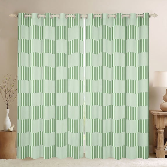 Homewish Chic Green Abstract Black Out Curtains for Teen, Fashion Square Checkered Curtains Pack of 2 (42x63 Each), Stripes Patchwork Bedroom Curtains, Curtains and Drapes Decor