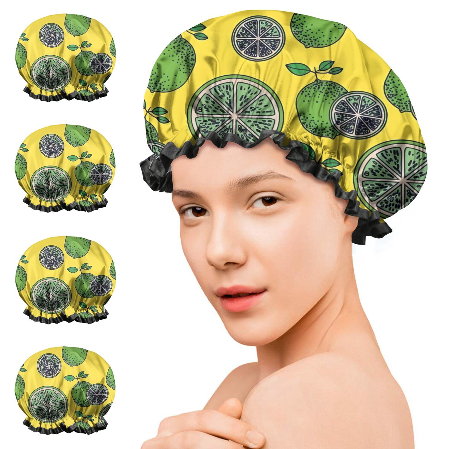 Shower Caps,Green Lime Slices Yellow Pattern Waterproof Shower Cap for Women 4 Pieces,Double Reusable Hair Cover for Shower PEVA Elastic Stretch Hem
