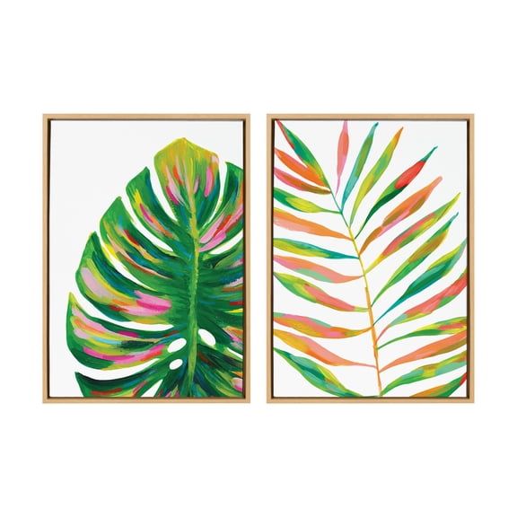 Kate and Laurel Sylvie EV Monstera and EV Palma No 2 Framed Canvas Wall Art Set by Jessi Raulet of Ettavee, 2 Piece 18x24 Natural, Colorful Plant Leaf Art Set for Wall