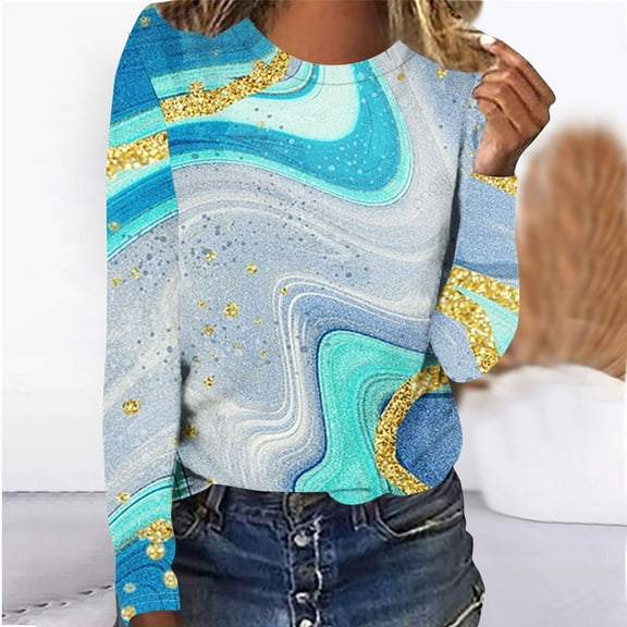 Women's Long Sleeve T Shirts Tie-dye Print Crewneck Graphic Tee Cotton Casual Fall Spring Aesthetic Clothes (XL, Blue 01)