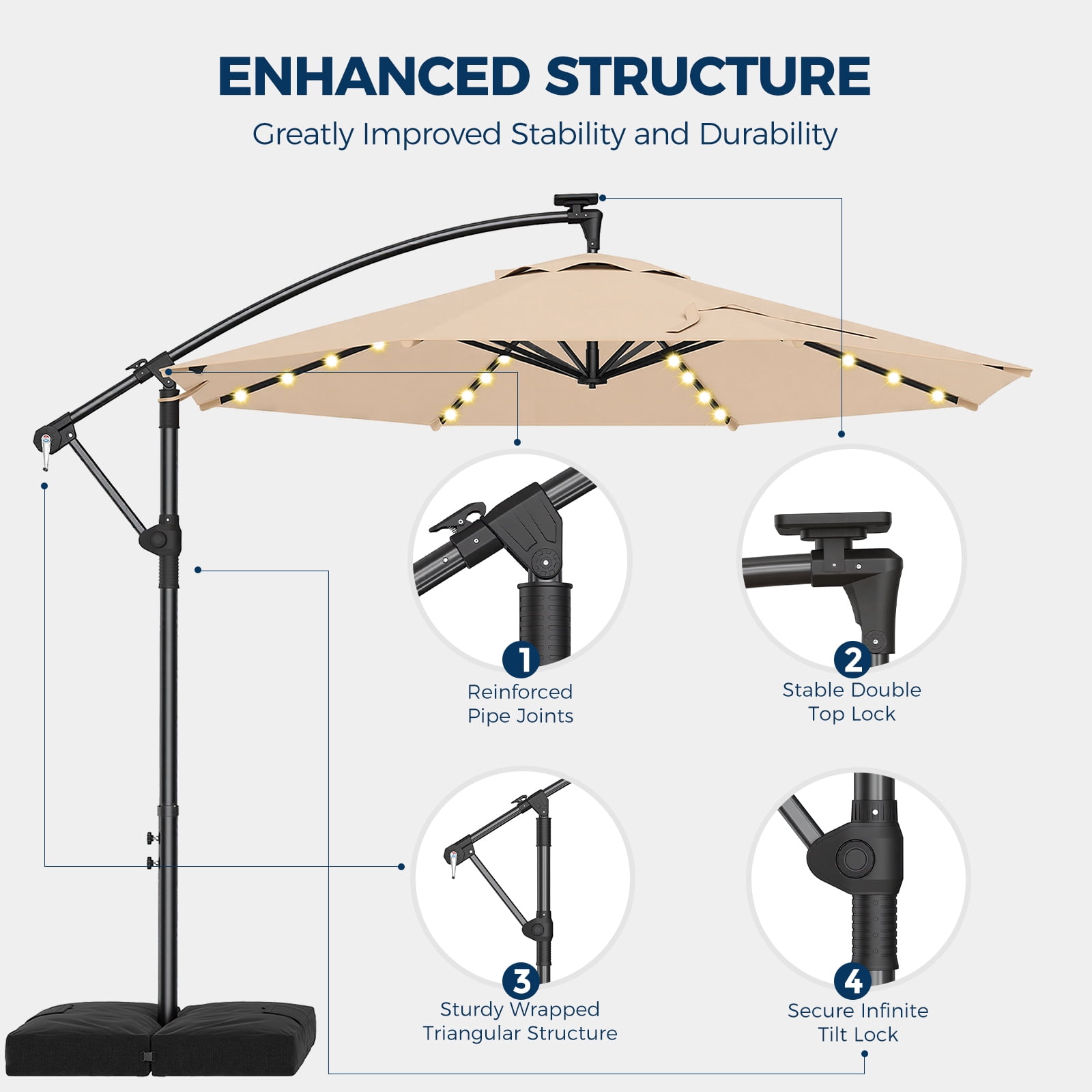 TASKBAY 10ft Cantilever Hanging Outdoor Umbrella (Includes Base), 360-Degree Rotation with 32 Solar LED Lights Patio Umbrella for Backyard, Deck, Poolside and Garden, Beige