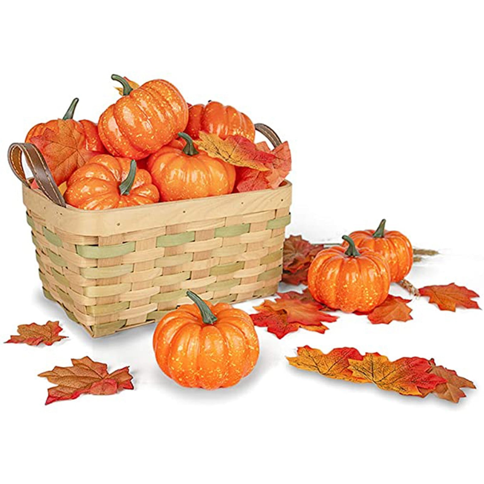 POPLAY 14 PCS Artificial Lifelike Simulation Mixed Pumpkins Fake Pumpkins with 30PCS Fake Maple Leaves Festival Thanksgiving Fall Harvest Home Decoration