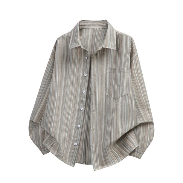 Ceisia Men's Oversized Vertical Stripe Long Sleeve Turndown Collar Casual Shirt Gifts