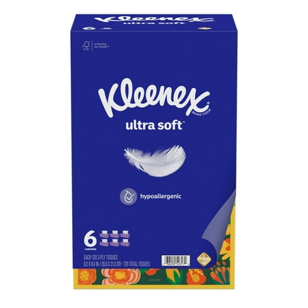 Kleenex Ultra Soft Facial Tissues,3-Ply, 120 Tissues per Box- 6 Flat Boxes