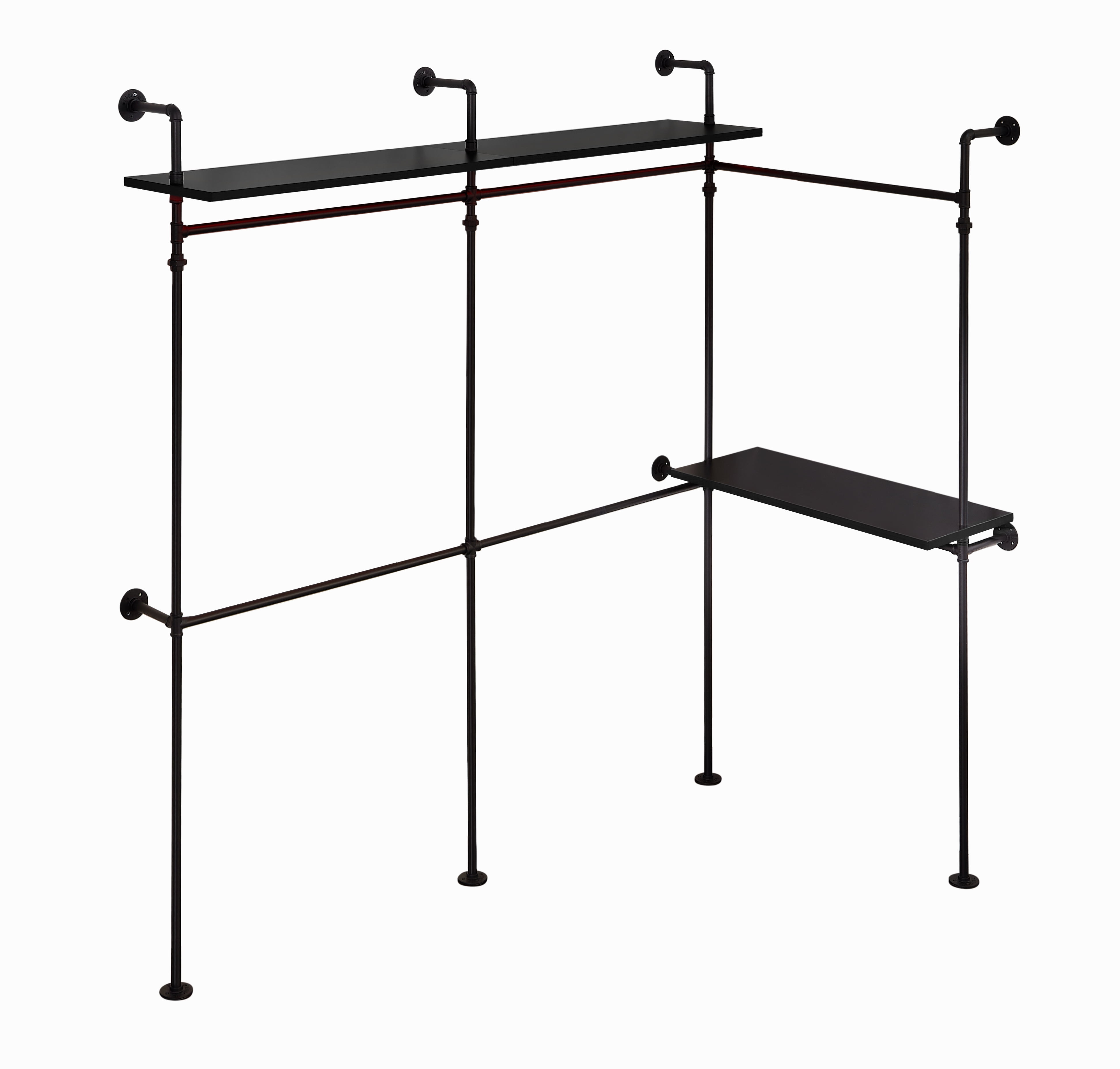 Industrial Pipe Clothing Rack, Reversible 118.3'' Clothes Rack for Hanging Clothes, Heavy Duty Garment Rack Closet Wardrobe Rack with LED Lights & Shelves, Walk-in Closet System, Black (Three)
