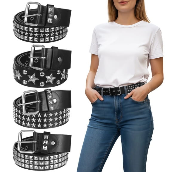 4 Pcs Black Studded Belts, Y2K Belt Punk Rock Grommet Belt 43 in Long Studded Rivet/Square Beads/Stars for Men Women