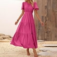 thumbnail image 3 of Women's Summer Casual Short Flutter Sleeve Round Neck Smocked Waist Tiered Boho Flowy Maxi Dress Hot Pink M, 3 of 4
