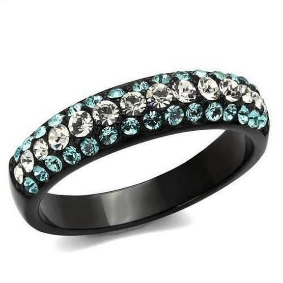 IP Black(Ion Plating) Stainless Steel Ring with Top Grade Crystal in Sea Blue for Women Sea Blue Stone Color Style TK2205 Size 10