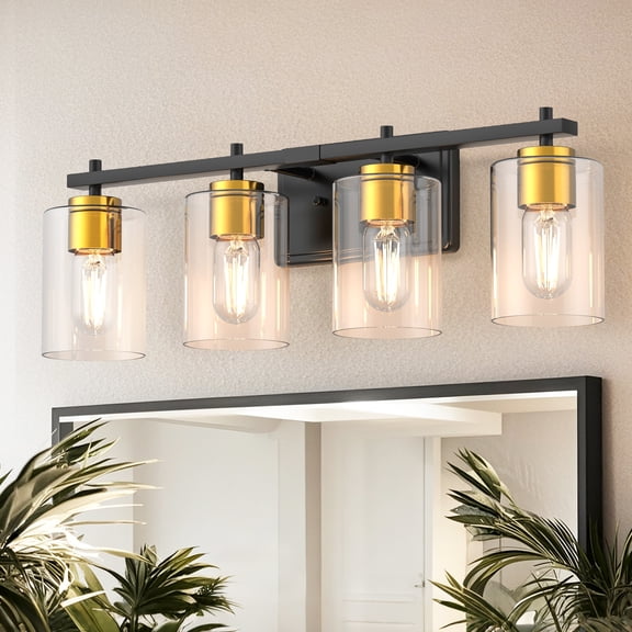 YANSUN Bathroom Vanity Light, 24.4 in 4-Light Black and Gold Bathroom Light Fixtures with Clear Glass Shade, Bathroom Lighting Fixtures Over Mirror, for Bedroom, Powder Rooms, or Vanity Nooks