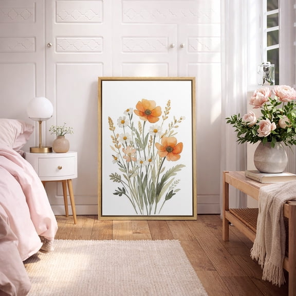 Framed Canvas Wall Art Orange Wildflower Botanical Print for Living Room Decoration - 16"x24" NATURAL