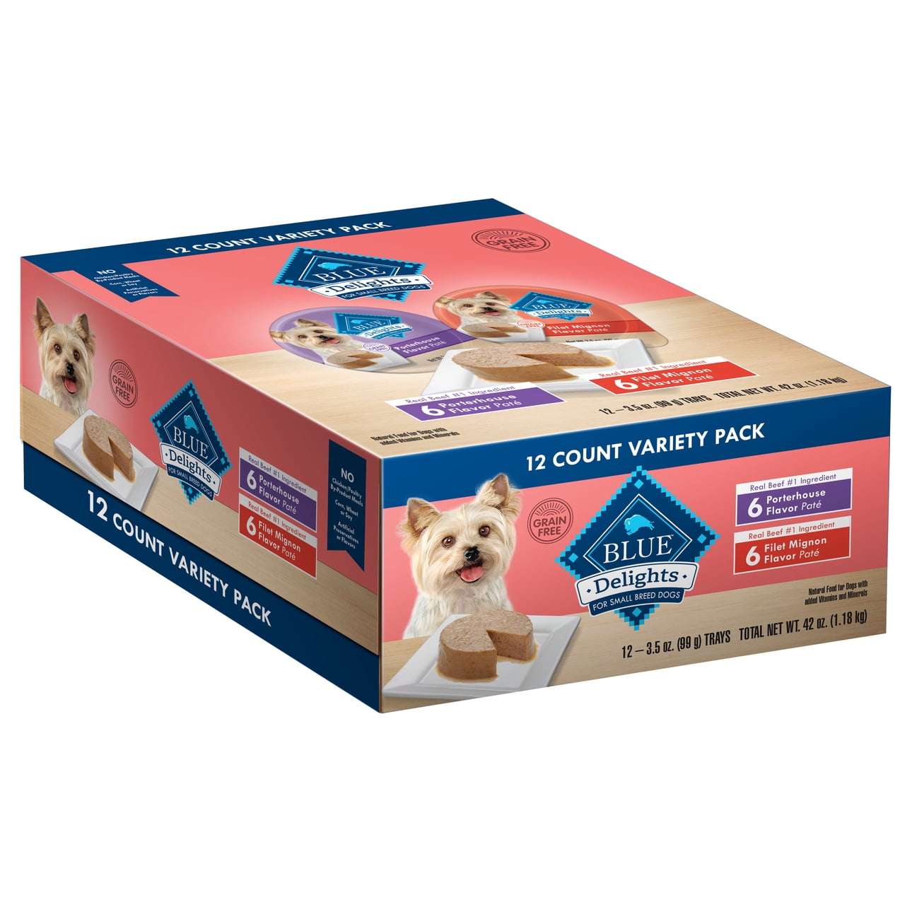 Blue Buffalo Delights Small Breed Filet Mignon & Porterhouse Pate Wet Dog Food Variety Pack for Adult Dogs, Grain-Free, 3.5 oz. Cups (12 Pack)