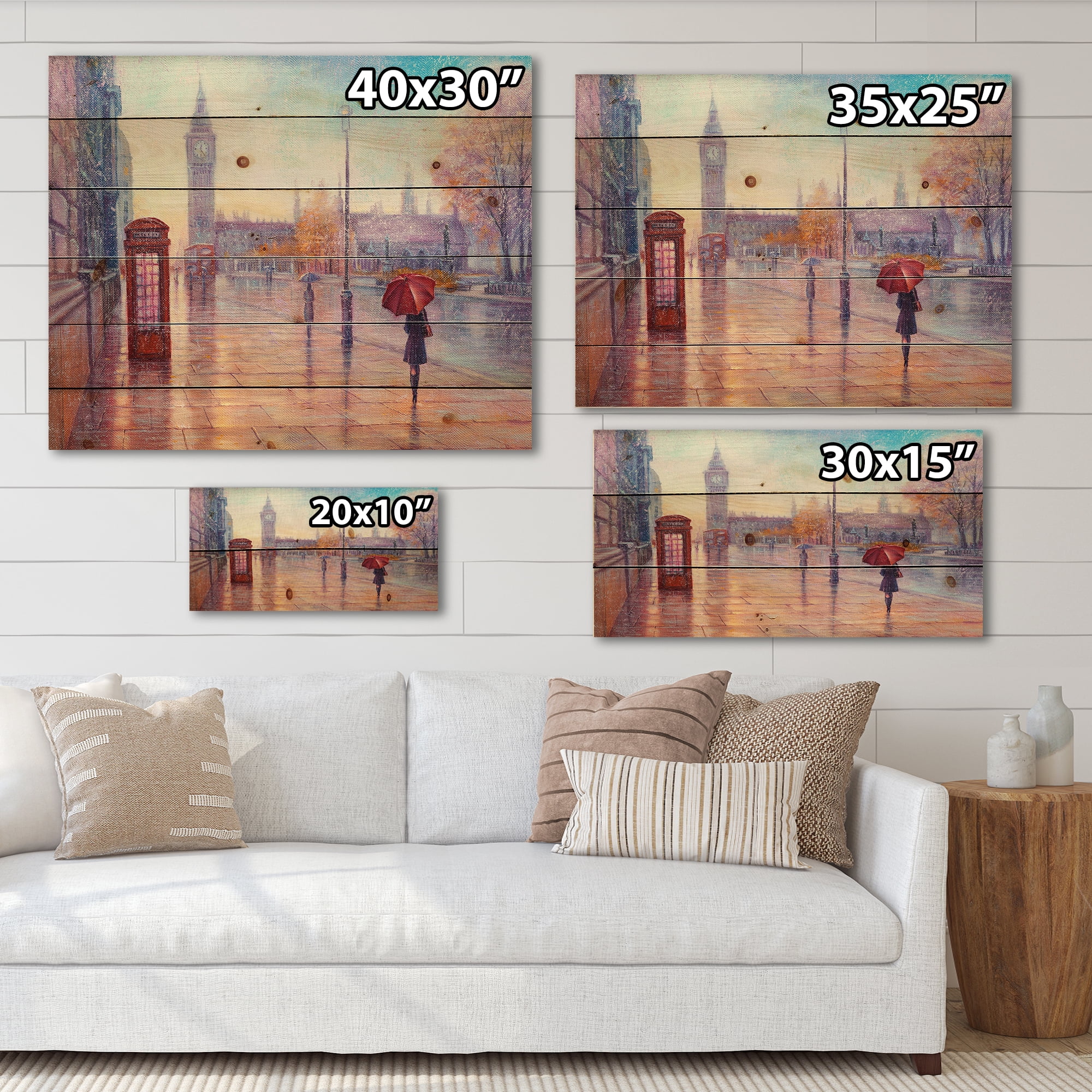 Designart 'Big Ben and Woman With Red Umbrella In London Street' French Country Print on Natural Pine Wood