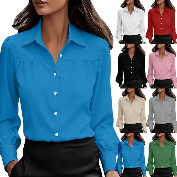 Naotn Women's Chiffon Tops Trendy Casual Solid Button Down Collar Front Pleated Long Sleeve Dressy Blouses Office Work Shirts