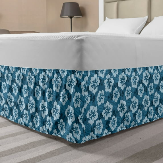 Blue Bed Skirt, Pattern of Hawaiian Hibiscus Flowers and Leaves Exotic Hawaii Island Nature, Elastic Bedskirt Dust Ruffle Wrap Around for Bedding Decor, 4 Sizes, Petrol Blue Pale Blue, by Ambesonne