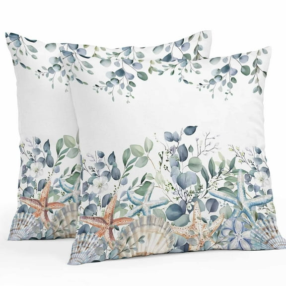 Outdoor Waterproof Pillow Covers Summer Marine Life Shell Starfish Decorative Throw Pillow Protectors for Patio Sofa Garden Couch,18x18in 2 Pack