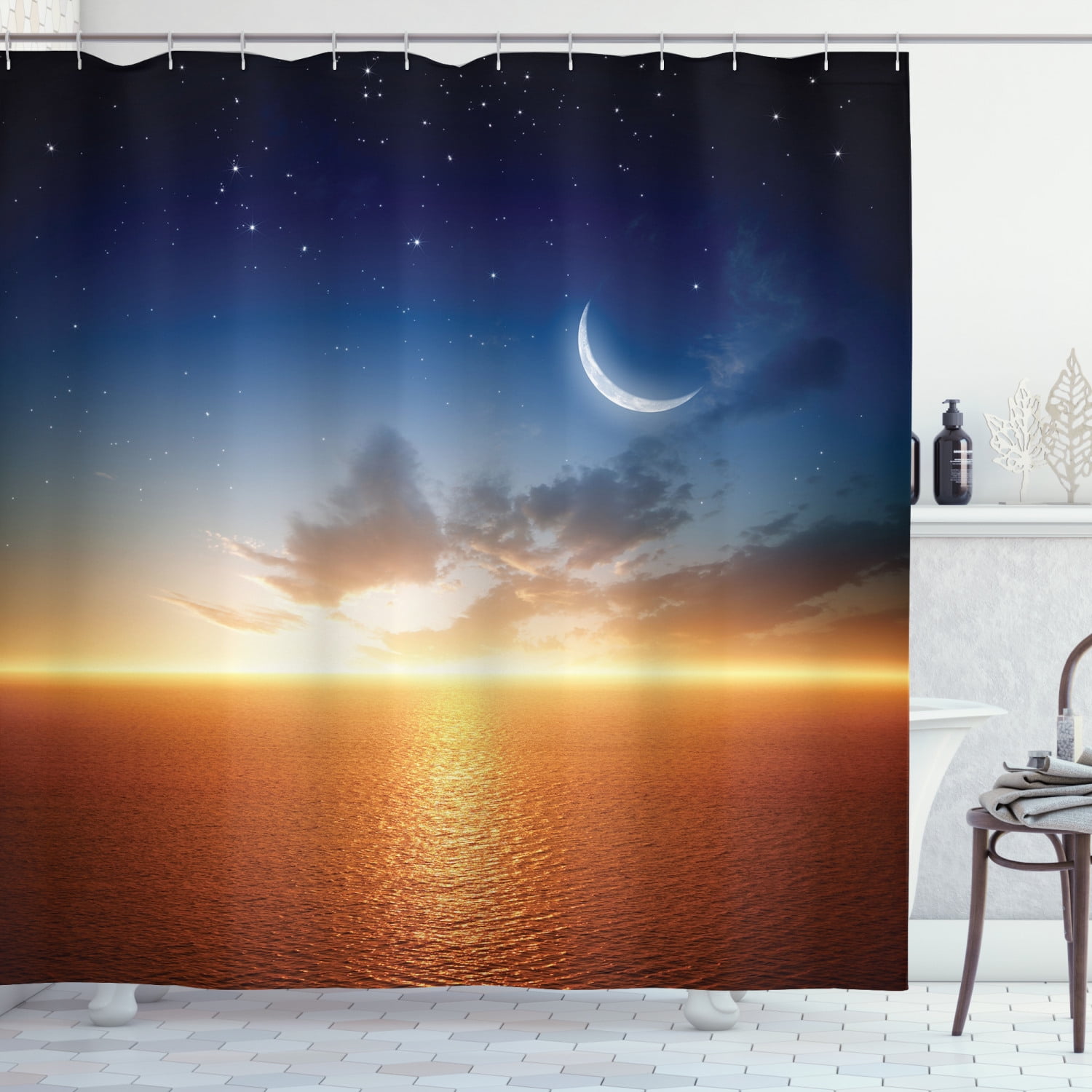 Ocean Shower Curtain, Sunset Sky with Moon and Stars Horizon Scenery ...