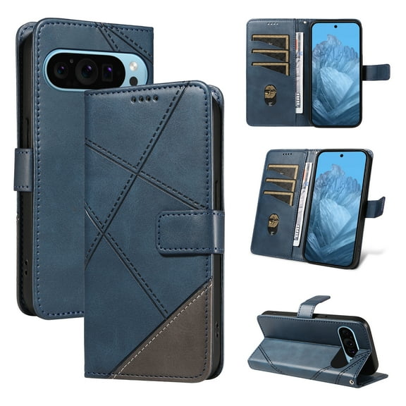 Designed for Google Pixel 9 Pro XL Case Wallet, Men Women Flip Folio Cover with PU Leather Stand Credit Card Holders Slots Wrist Strap Magnetic Clasp Phone Case for Google Pixel 9 Pro XL, Blue
