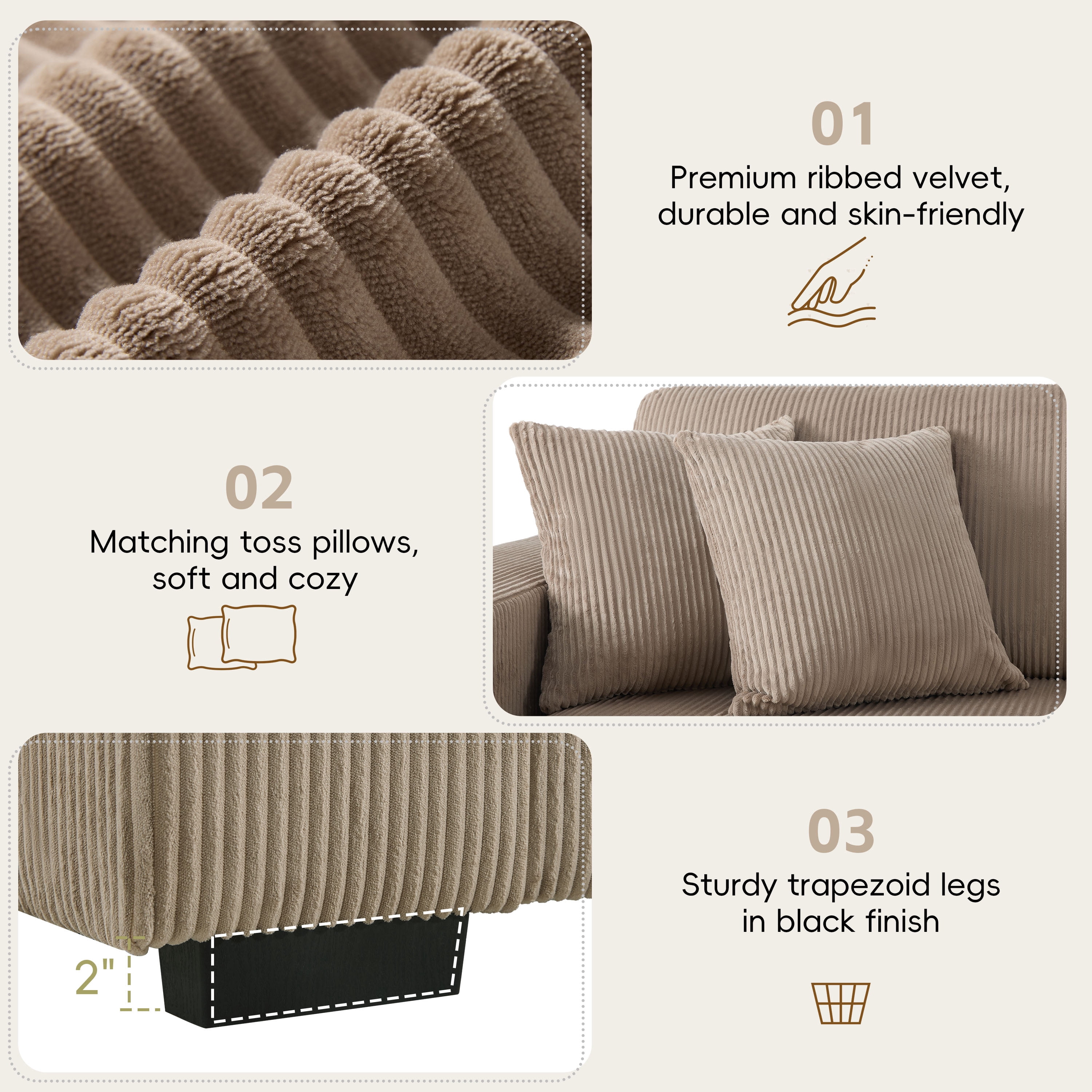 GARITIN L Shaped Sectional Sofa 86.5 Inch, Corduroy Upholstered Couch with Cup Holders and Charging Ports for Living Room, Khaki