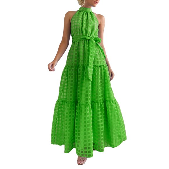 SUNSIOM Robe Longue pour Femme, Élégante Robe d'Été Sans Manches à Col Roulé à Carreaux, Robe Évasée, Robe de Cocktail avec Ceinture