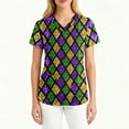 thumbnail image 3 of Mardi Gras Scrubs Top for Women Plus Size Casual Short Sleeve Funny Carnival Mask Printed Scrub Shirts Hoilday V Neck Scrubs Nursing Workwear Medical Nurse Uniform with Pockets Purple 2XL, 3 of 4