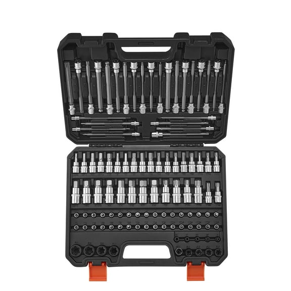 VEVOR Bit Socket Set, 107-Piece SAE and Metric, Hex/Torx/External Torx/Tamper-Proof/Extra Long, S2 Alloy Steel and Cr-V Steel, 1/4 in, 3/8 in, and 1/2 in Drives, with Enhanced Storage Case, Hand Use