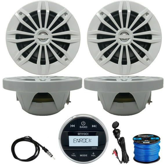 Enrock EM856 Gauge Mount Media Center Marine-Grade Receiver, 4 x EnrockMarine 6.5" 2-Way 180W Speakers (White), USB/3.5MM Auxiliary Interface Mount, Radio Antenna, Speaker Wire