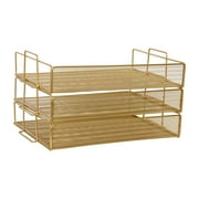 Martha Stewart Ryder 3 Tier Gold Desk Letter Tray Organizer, Stackable Steel Mesh Inbox Tray for Files, Papers, or Letters