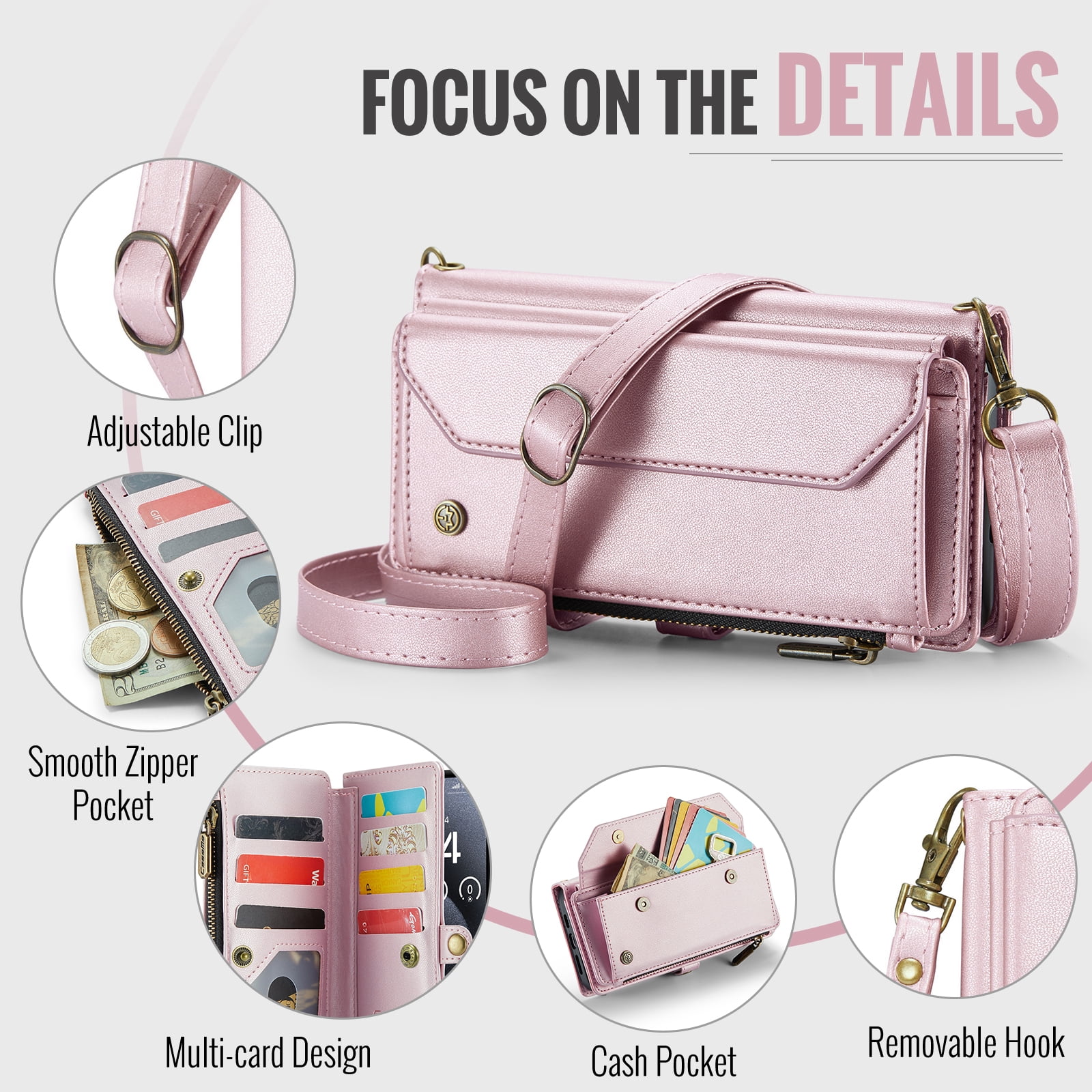 Dteck for iPhone 14 Plus Case with RFID Blocking Wallet Case for Women Men, Shockproof PU Leather Magnetic Flip Strap Zipper Card Holder Phone Case,Pink