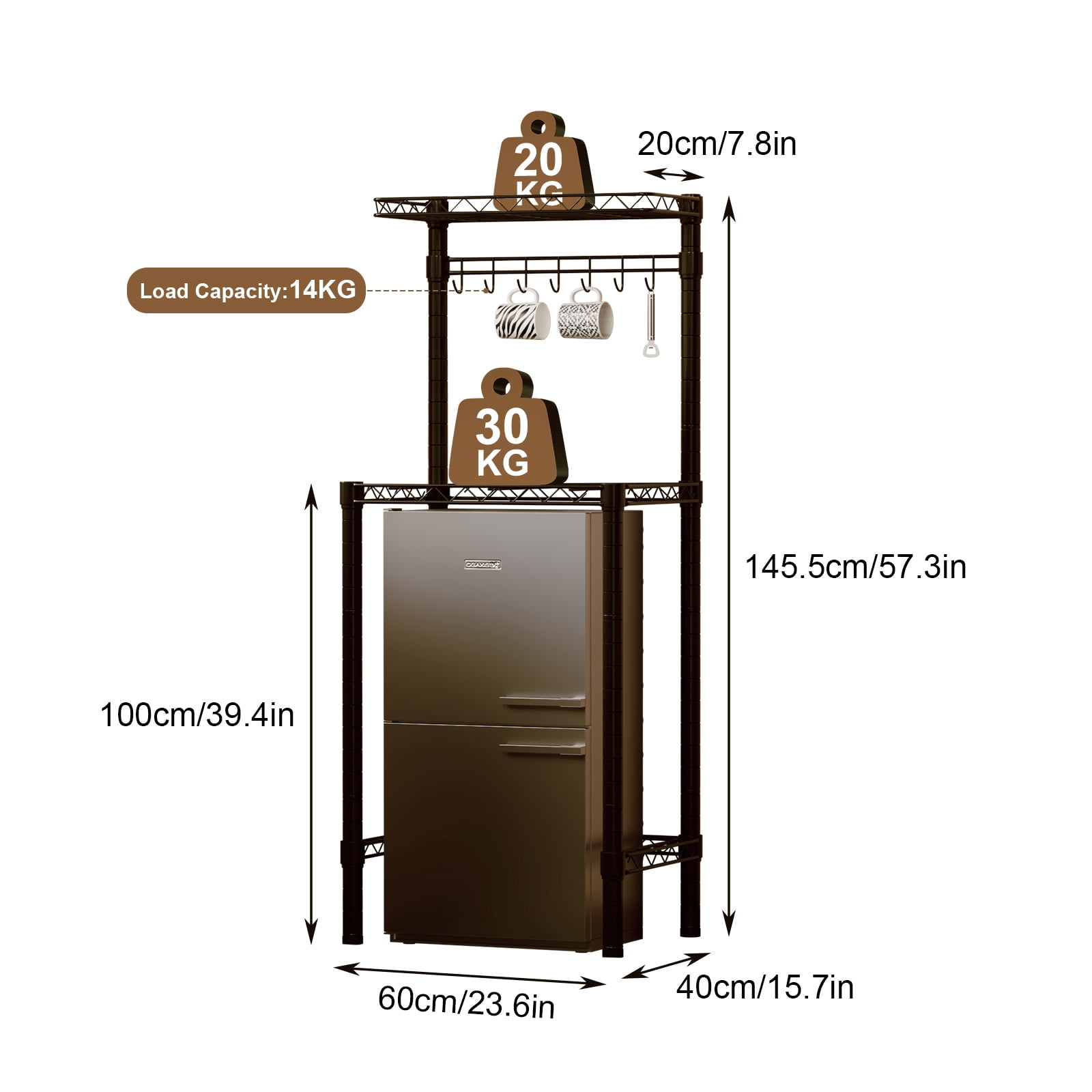 2-Tier Mini Fridge Storage Shelf Mini Fridge & Microwave Stand, Adjustable Metal Organizer Storage Rack with 7Hooks, Multifunctional Bakers Rack Coffee Bar Table for Kitchen Office Dorms Bedroom