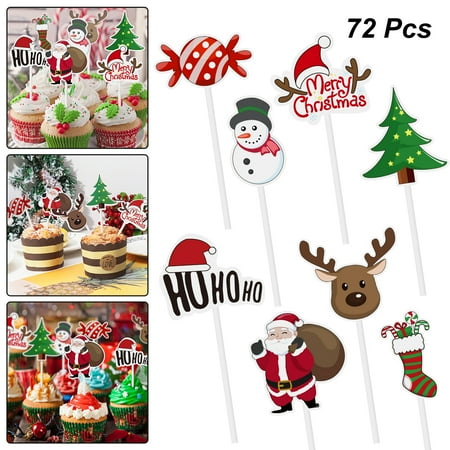 Childrens Christmas Cakes Amosfun 72PCS Christmas Cupcake Toppers Santa Claus Tree Snowman Sock Candy Theme Party Cake Toppers Picks Decoration Supplies ()