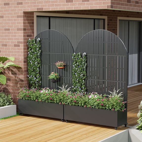 MAYEERTY Planter Box with Trellis Iron Black Arch Vertical Fence Style 72x47x16in 3-Piece Set