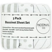NODNAL CO. Gray and White Cotton Bassinet Fitted Sheet Set, 3 Pieces, for Newborn Infant Baby Girl or Boy Nursery Bedding, Gender Neutral