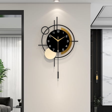 Wall Clock For Living Room Decor Decorative With Pendulum Silent Quartz Operated Black Metal Large Dining Kitchen Home Bathroom Bedroom 13.8x21.3 In