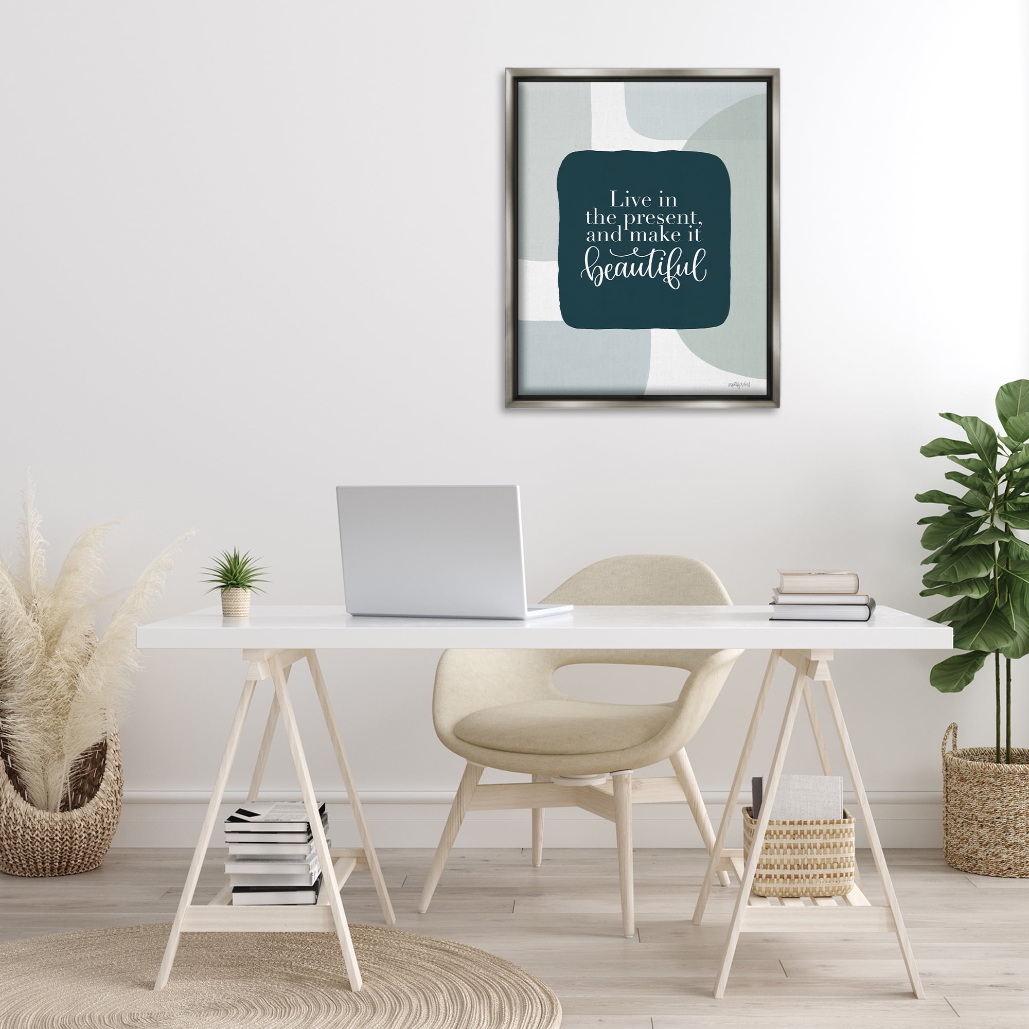 Stupell Industries Live In The Present Typography Painting Gray Floater Framed Art Print Wall Art, 25 x 31