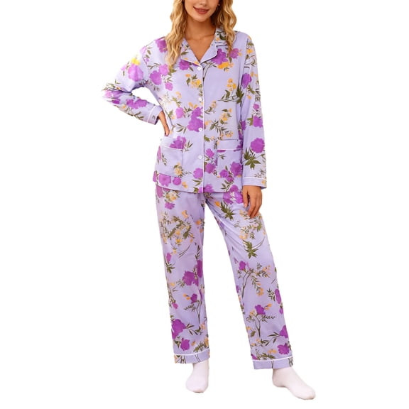 SUYIDA Pajamas for Women Satin Pajamas Set 2Pcs Long Sleeve Print Pattern Button Down Pjs Sleepwear Loungewear Set