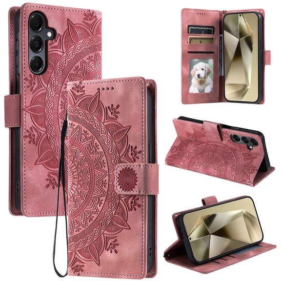 ELEHOLD for Samsung Galaxy A17 5G Wallet Flip Case, Slim Fit Shockproof Flip Kickstand PU Leather Cover With Strap,Pink