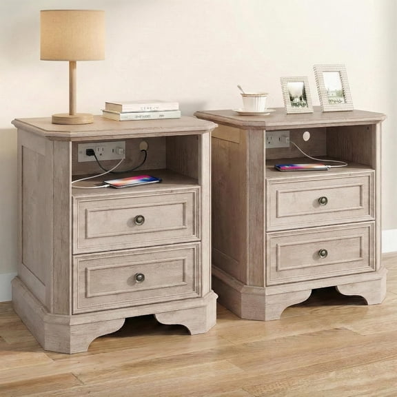 24" Greige Oak Nightstand Set of 2 with Charging Station, Rustic Farmhouse Bedside Table with 2 Drawers and Open Shelf, Distressed Wood End Table with Outlets and USB Ports