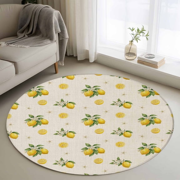 Cute Lemon Summer Round Area Rug 4Ft Washable Circle Rugs for Bedroom Dining Room, Farmhouse Floral Retro Linen Texture Non-Slip Carpet Floor Mats Indoor Outdoor Carpet Runner Aesthetic Home Decor