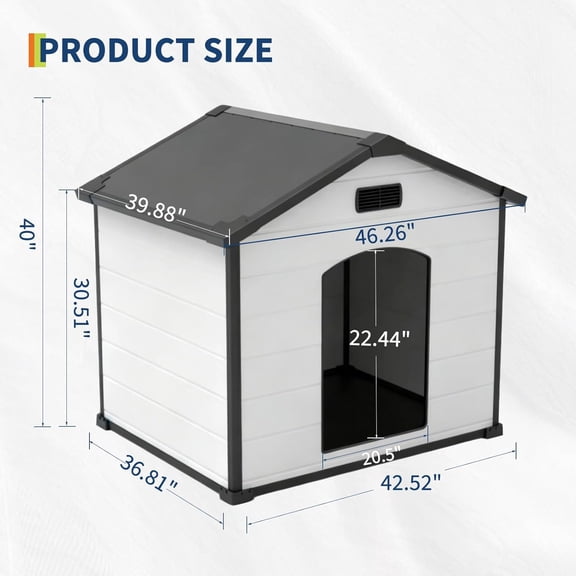 Historyli Large Dog House, Waterproof Resin Plastic Doghouse with Elevated Floor & Air Vents for Outdoor, Black