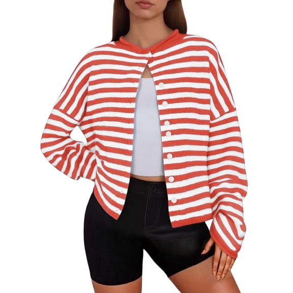 Wang6 Womens Lightweight Red Cardigan Sweaters Fall Open Front Button Knit Sweater Long Sleeve Knitted Tops Causal Crew Neck Stripe Printed Outwear Red XL