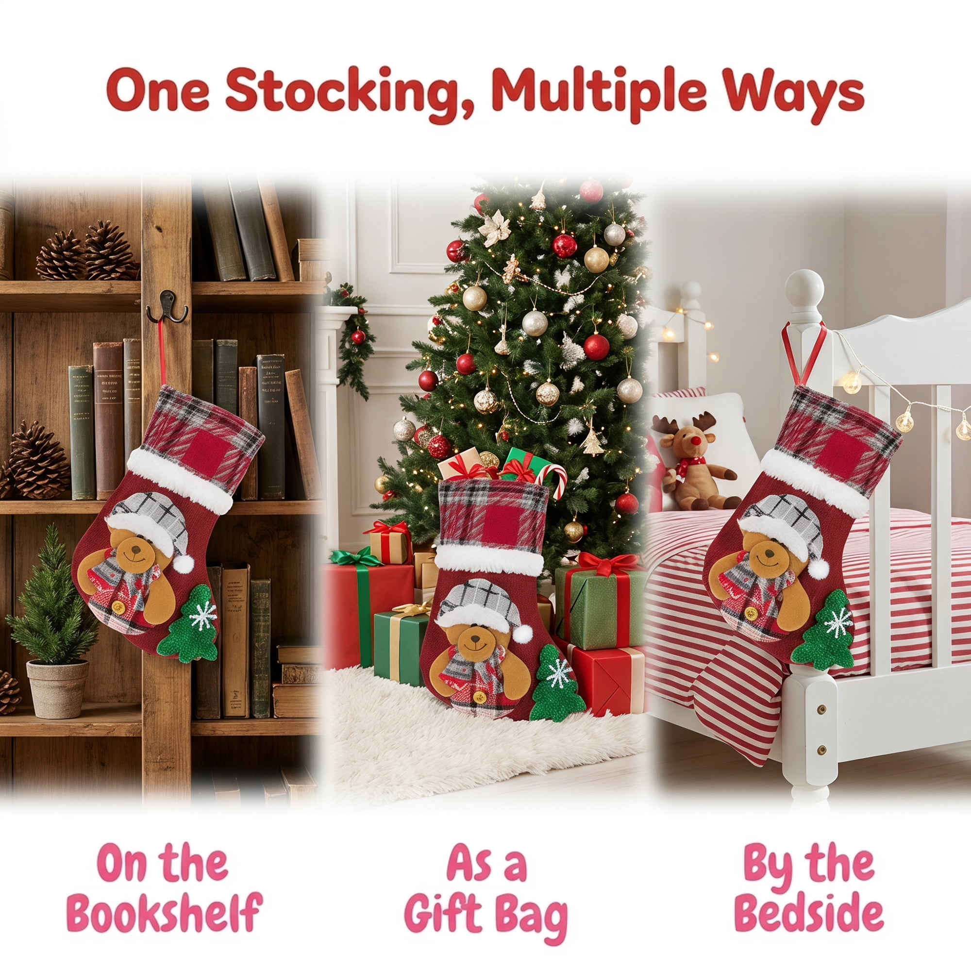 Unique Bargains Novelty Cartoon Christmas Stockings Assorted Garland Accents Red Bear 8"