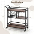 thumbnail image 3 of Costway 3-tier Bar Cart on Wheels Home Kitchen Serving Cart with Wine Rack & Glass Holder Brown, 3 of 10
