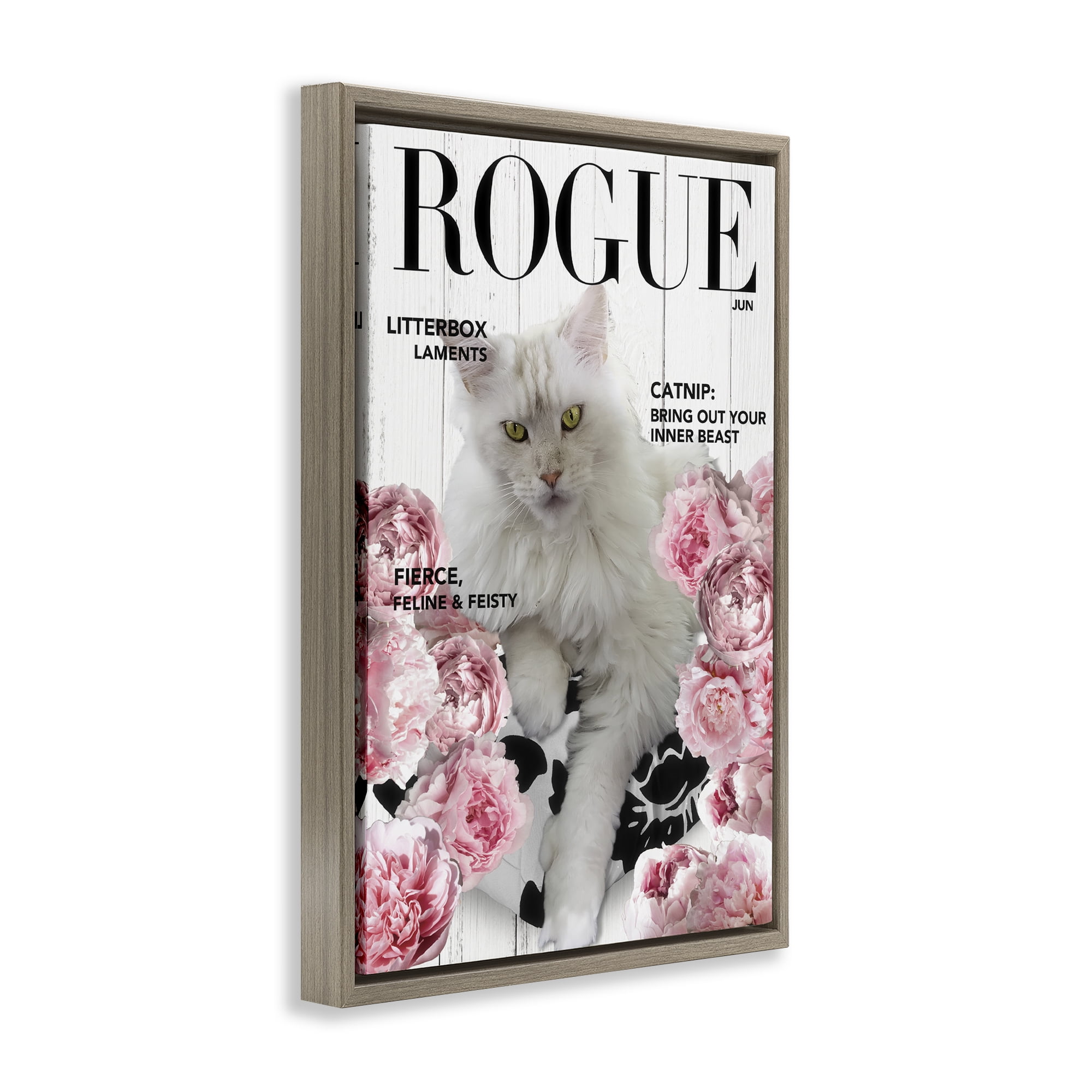 Funny Floral Cat Magazine Brown Framed Floater Canvas Wall Art, design by Sasha